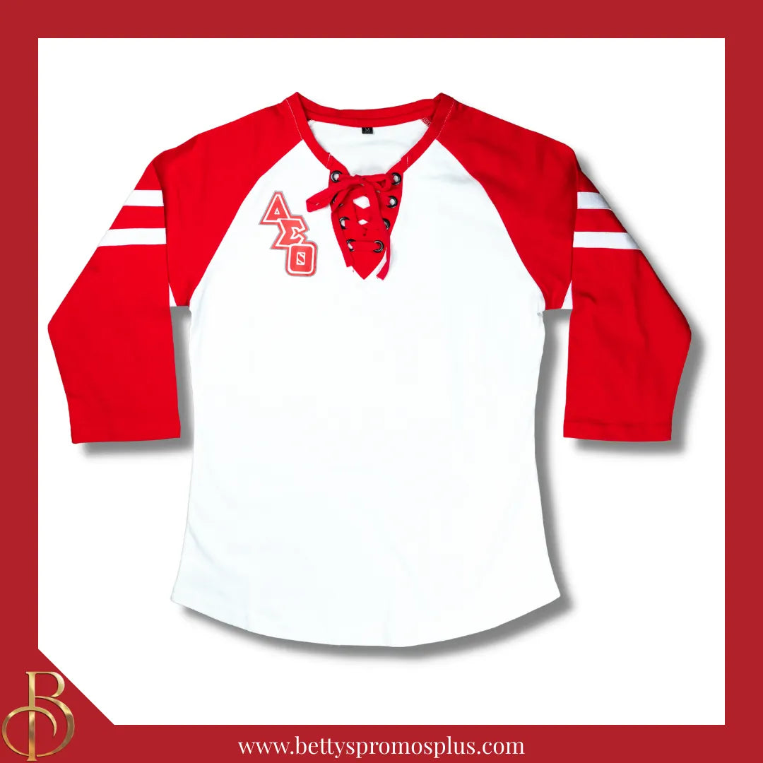 Delta Sigma Theta ΔΣΘ Raglan Sleeve Screen Printed T-Shirt-Delta Sigma Theta Paraphernalia-Delta Sigma Theta T-Shirts-Betty's Promos Plus