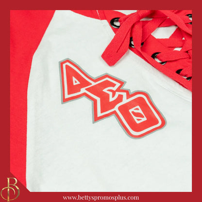 Delta Sigma Theta ΔΣΘ Raglan Sleeve Screen Printed T-Shirt-Delta Sigma Theta Paraphernalia-Delta Sigma Theta T-Shirts-Betty's Promos Plus