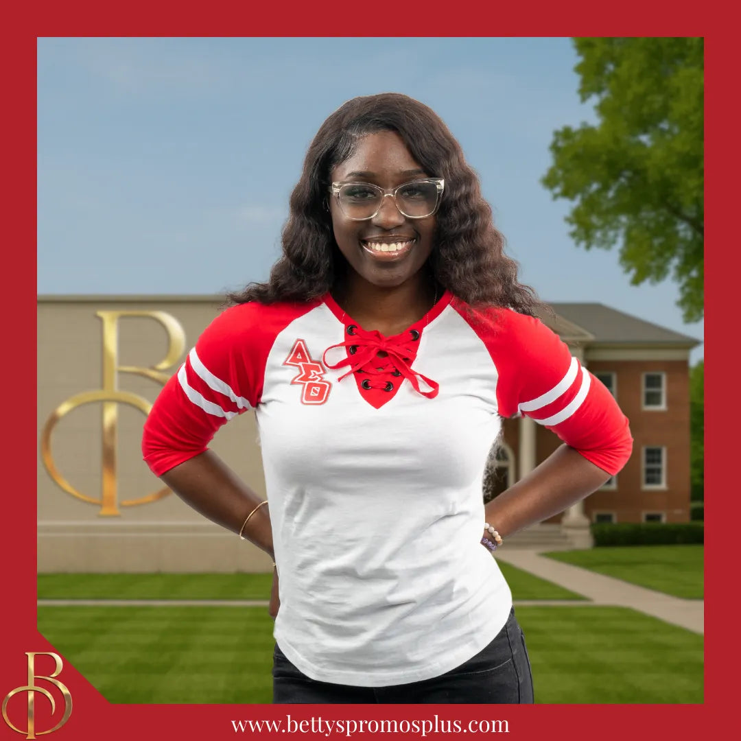 Delta Sigma Theta ΔΣΘ Raglan Sleeve Screen Printed T-Shirt-Delta Sigma Theta Paraphernalia-Delta Sigma Theta T-Shirts-Betty's Promos Plus