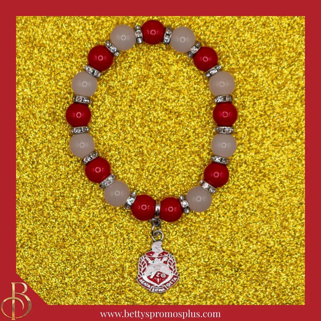Delta Sigma Theta ΔΣΘ Red and White Beaded Bracelet with Shield Charm-Delta Sigma Theta Paraphernalia-Delta Sigma Theta Bracelet-Betty's Promos Plus