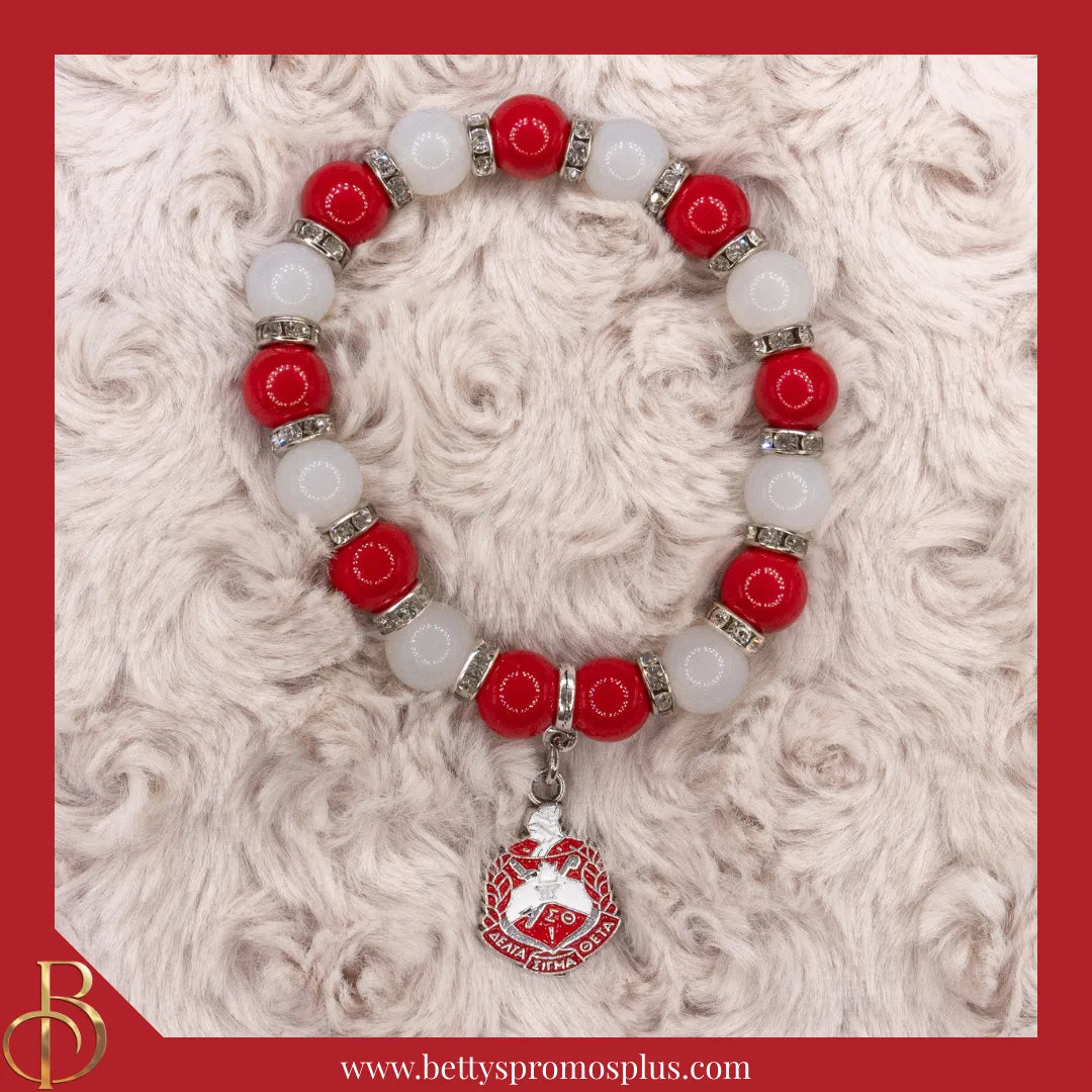 Delta Sigma Theta ΔΣΘ Red and White Beaded Bracelet with Shield Charm-Delta Sigma Theta Paraphernalia-Delta Sigma Theta Bracelet-Betty's Promos Plus