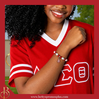 Delta Sigma Theta ΔΣΘ Red and White Beaded Bracelet with Shield Charm-Delta Sigma Theta Paraphernalia-Delta Sigma Theta Bracelet-Betty's Promos Plus