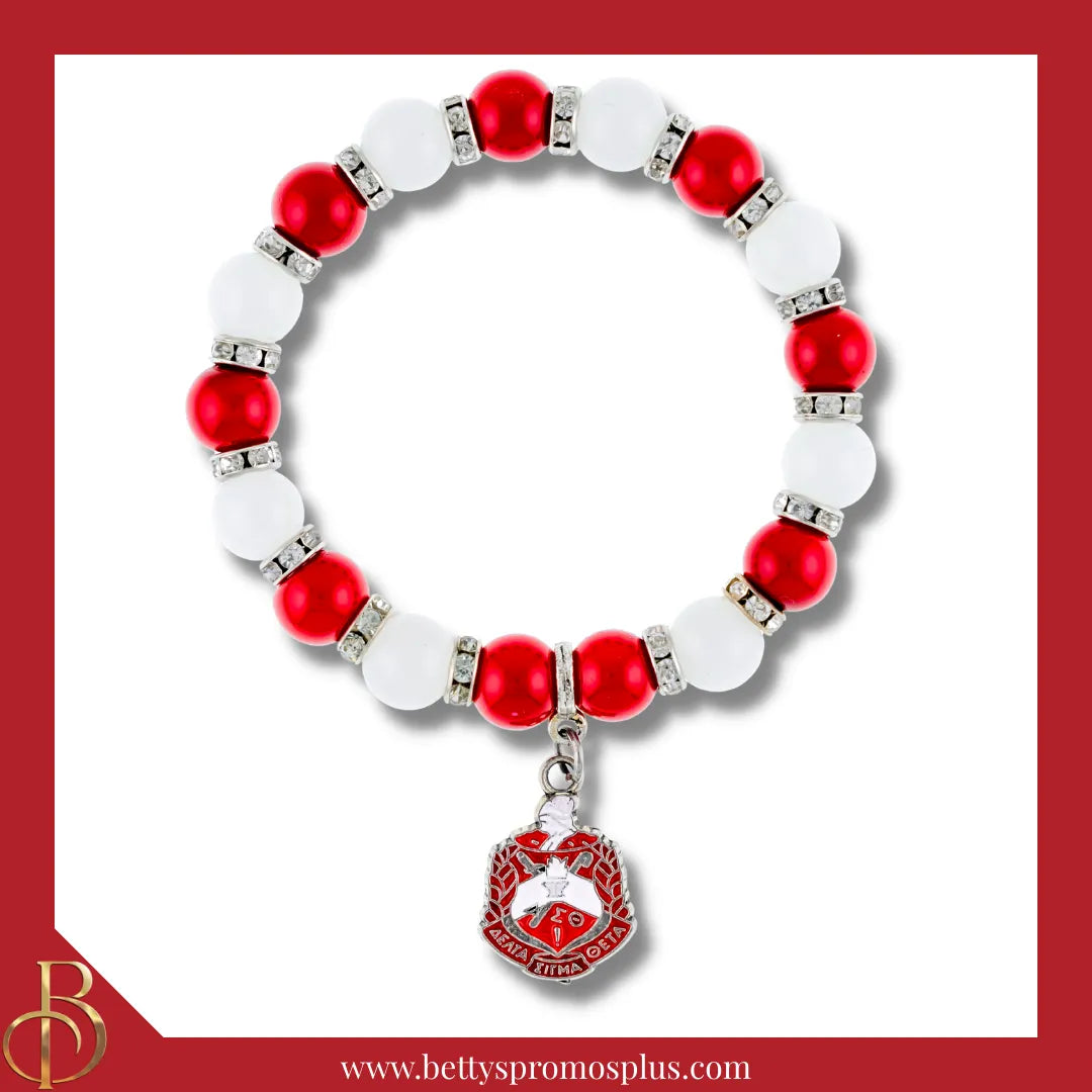 Delta Sigma Theta ΔΣΘ Red and White Beaded Bracelet with Shield Charm-Red-Delta Sigma Theta Paraphernalia-Delta Sigma Theta Bracelet-Betty's Promos Plus