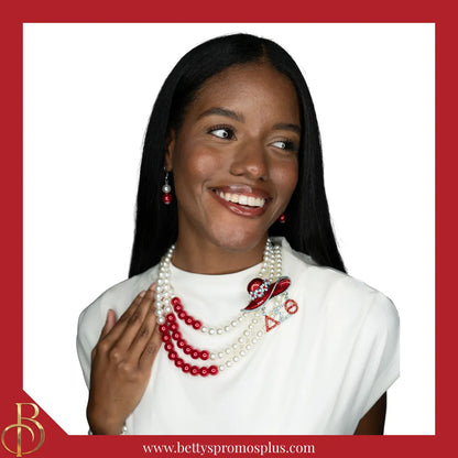 Delta Sigma Theta ΔΣΘ Red Hat with White & Red Multi String Pearl Necklace and Matching Earrings Set, Delta Necklace-Delta Sigma Theta Paraphernalia-Delta Sigma Theta Necklace-Betty's Promos Plus