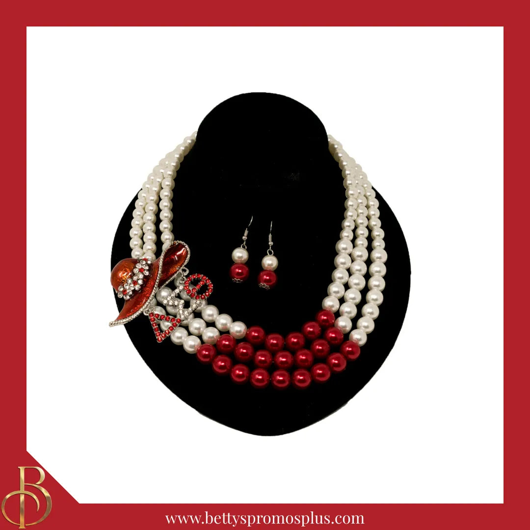 Delta Sigma Theta ΔΣΘ Red Hat with White & Red Multi String Pearl Necklace and Matching Earrings Set, Delta Necklace-Delta Sigma Theta Paraphernalia-Delta Sigma Theta Necklace-Betty's Promos Plus
