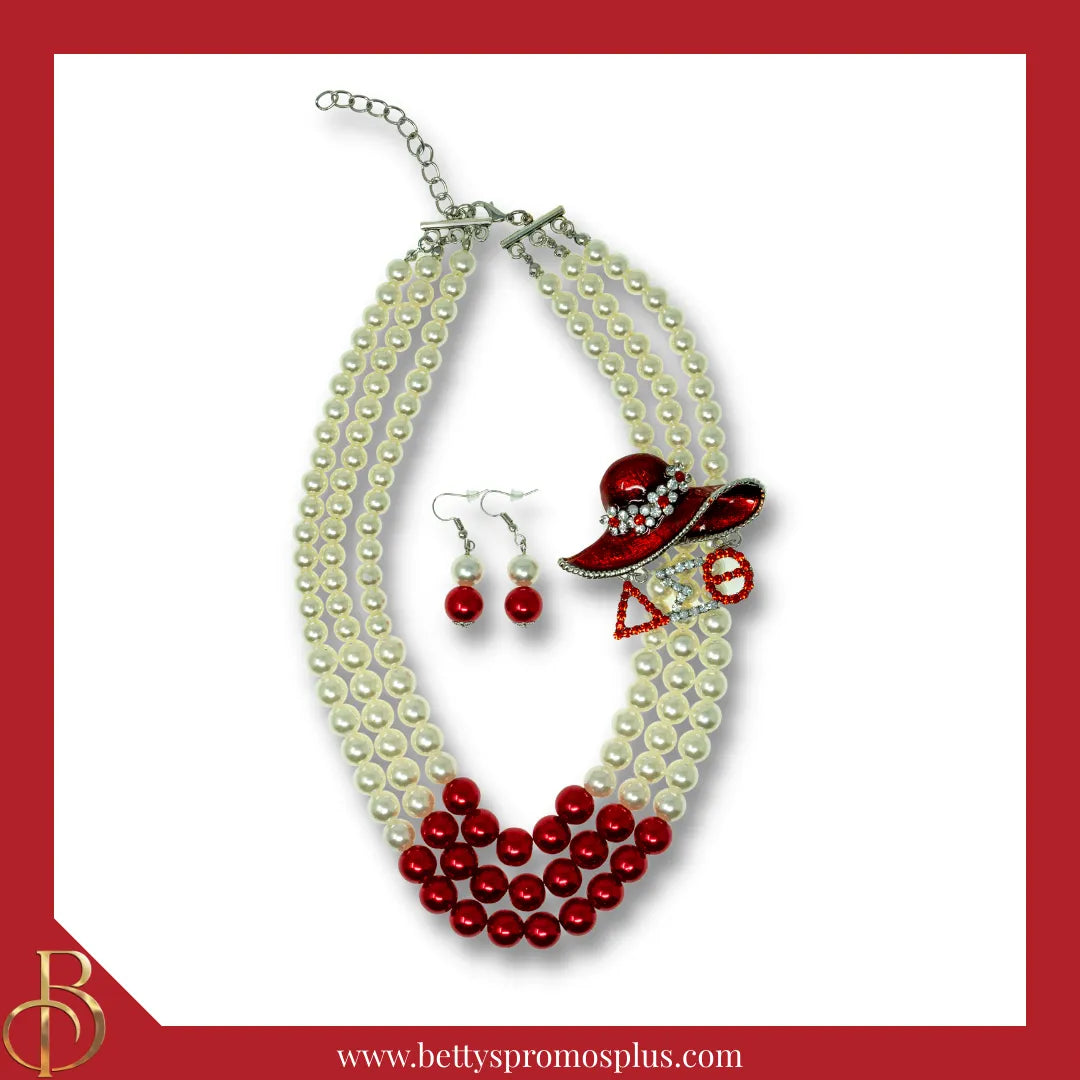 Delta Sigma Theta ΔΣΘ Red Hat with White & Red Multi String Pearl Necklace and Matching Earrings Set, Delta Necklace-Necklace Set-Delta Sigma Theta Paraphernalia-Delta Sigma Theta Necklace-Betty's Promos Plus