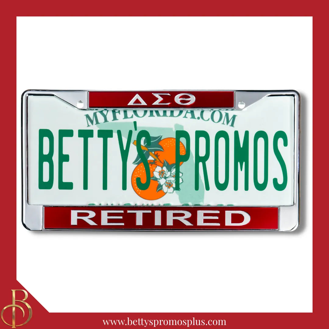 Delta Sigma Theta ΔΣΘ Retired Chrome Laser Engraved Mirrored Acrylic Auto Tag License Plate Frame-Delta Sigma Theta Paraphernalia-Delta Sigma Theta Auto Tag Frame-Betty's Promos Plus