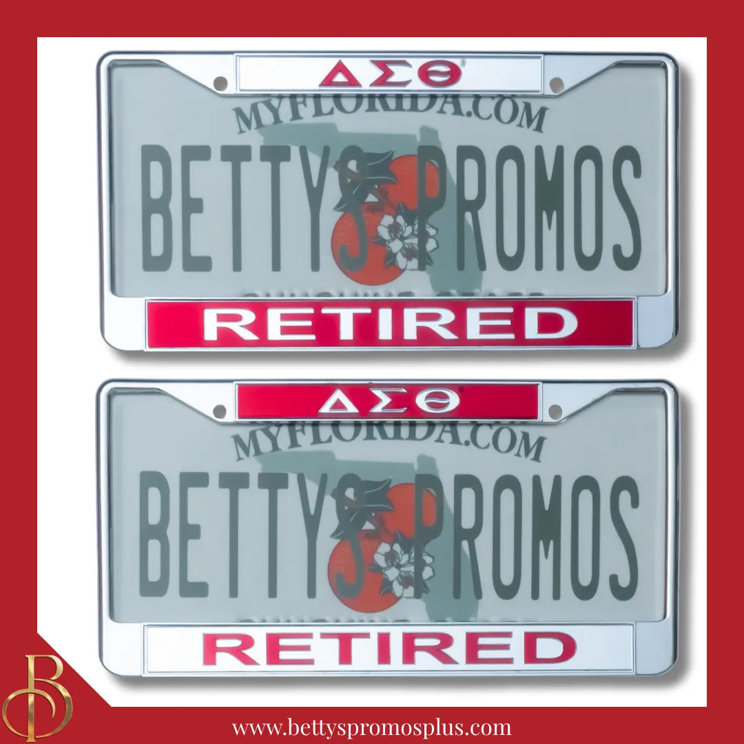 Delta Sigma Theta ΔΣΘ Retired Chrome Laser Engraved Mirrored Acrylic Auto Tag License Plate Frame-Delta Sigma Theta Paraphernalia-Delta Sigma Theta Auto Tag Frame-Betty's Promos Plus