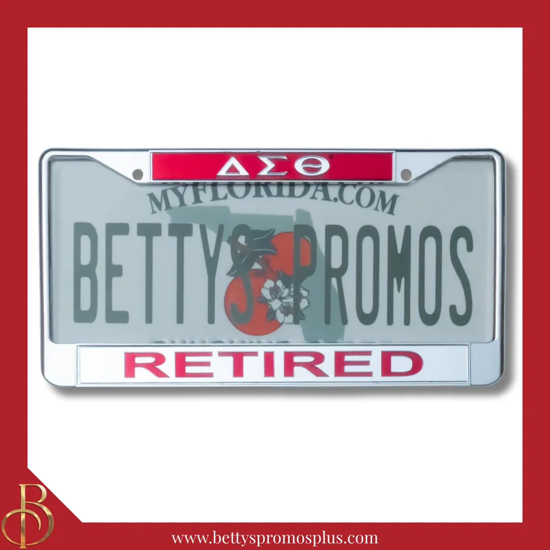 Delta Sigma Theta ΔΣΘ Retired Chrome Laser Engraved Mirrored Acrylic Auto Tag License Plate Frame-Red Top-Silver Bottom-Delta Sigma Theta Paraphernalia-Delta Sigma Theta Auto Tag Frame-Betty's Promos Plus