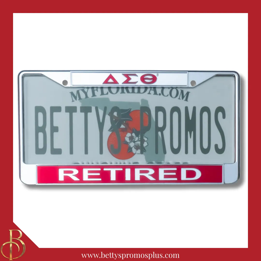 Delta Sigma Theta ΔΣΘ Retired Chrome Laser Engraved Mirrored Acrylic Auto Tag License Plate Frame-Silver Top-Red Bottom-Delta Sigma Theta Paraphernalia-Delta Sigma Theta Auto Tag Frame-Betty's Promos Plus