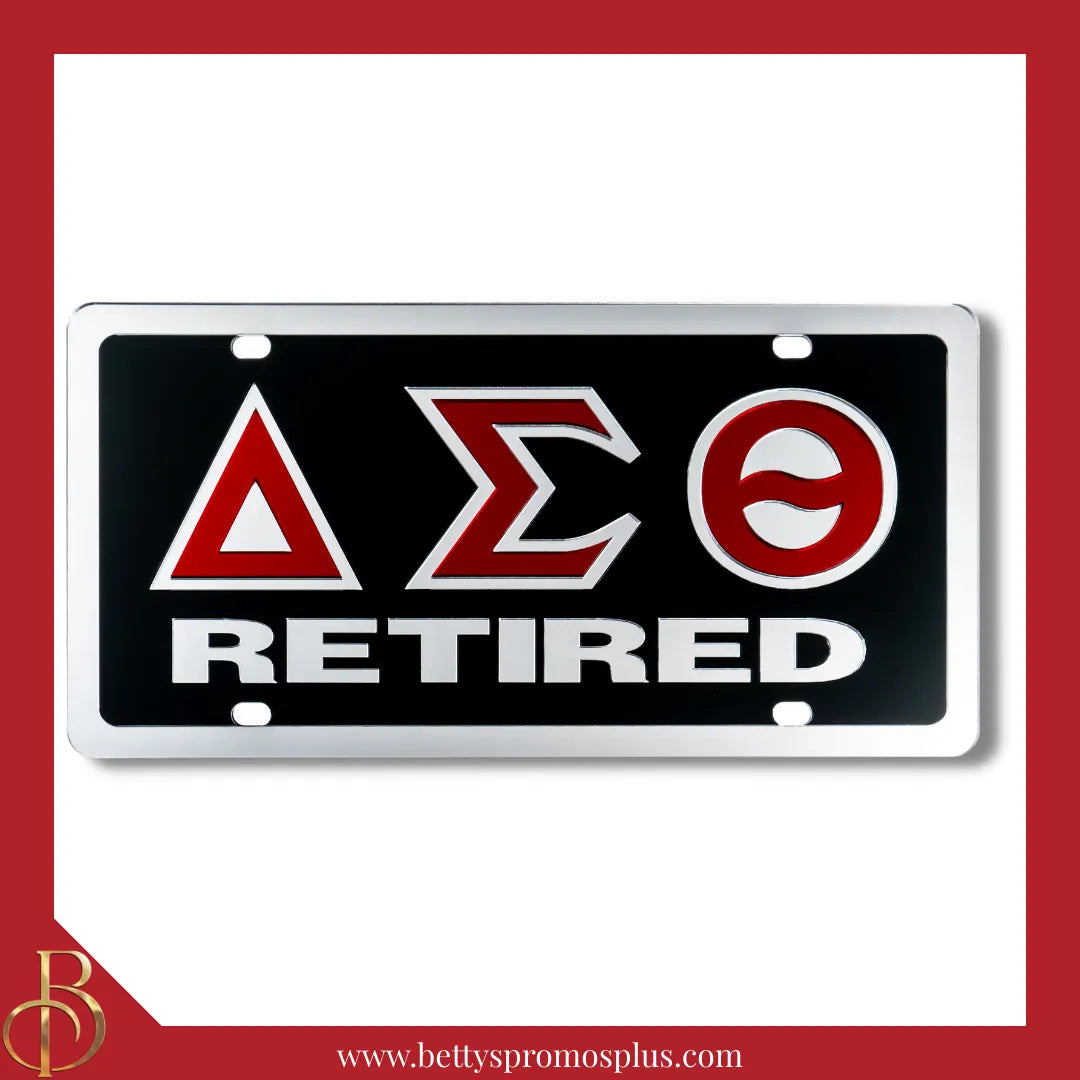 Delta Sigma Theta ΔΣΘ Retired Laser Engraved Mirrored Acrylic Auto Tag License Plate-Delta Sigma Theta Paraphernalia-Delta Sigma Theta Auto Tag-Betty's Promos Plus