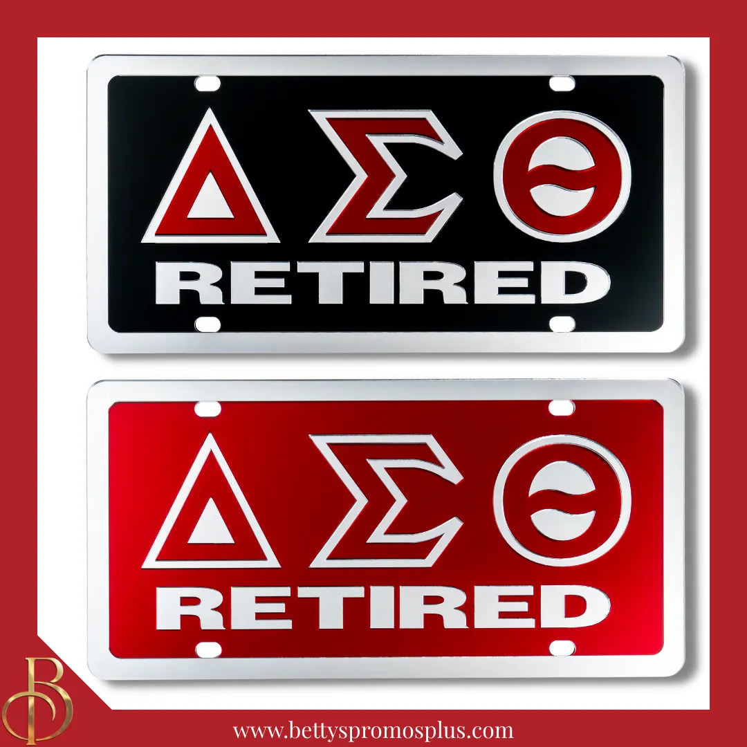 Delta Sigma Theta ΔΣΘ Retired Laser Engraved Mirrored Acrylic Auto Tag License Plate-Delta Sigma Theta Paraphernalia-Delta Sigma Theta Auto Tag-Betty's Promos Plus