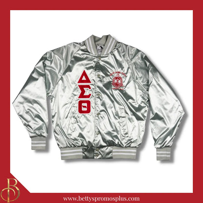 Delta Sigma Theta ΔΣΘ Satin Bomber Jacket-Silver-X-Small-Delta Sigma Theta Paraphernalia-Delta Sigma Theta Jackets-Betty's Promos Plus