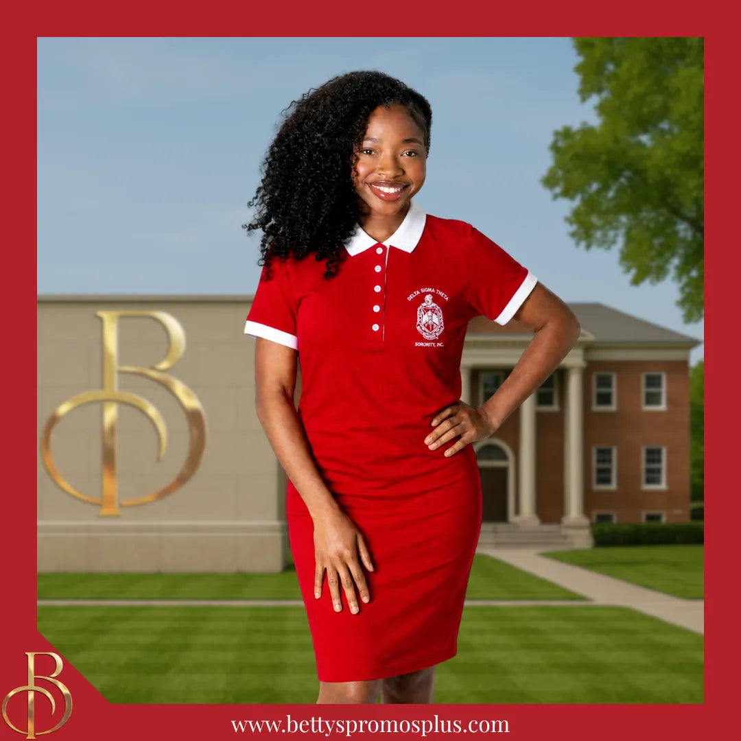 Delta Sigma Theta Shield Embroidered Polo Dress with Contrast Coll Betty's Promos Plus, LLC Delta Sigma Theta Shield Embroidered Polo Dress with Contrast Coll Betty's Promos Plus, LLC