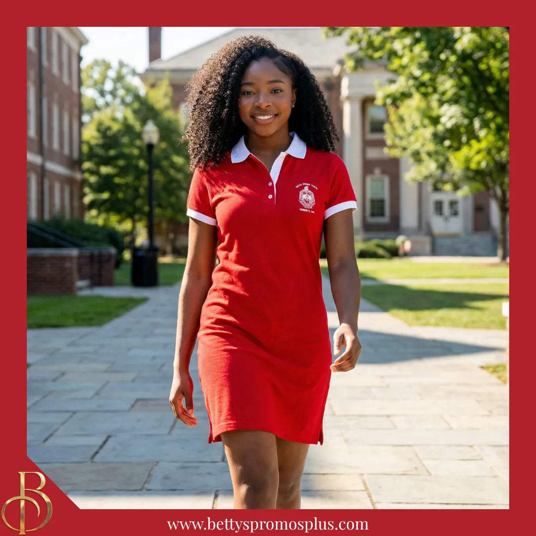 strapless open back dress Delta Sigma Theta ΔΣΘ Shield Embroidered Polo Dress with Contrast Coll –  Betty's Promos Plus, LLC