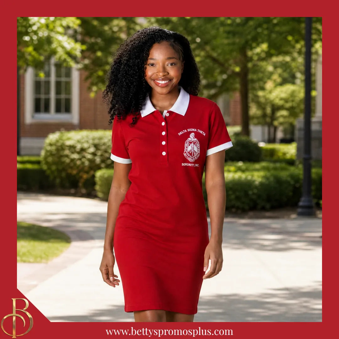 Delta Sigma Theta ΔΣΘ Shield Embroidered Polo Dress with Contrast Collar and Sleeves Red / 2X-Large
