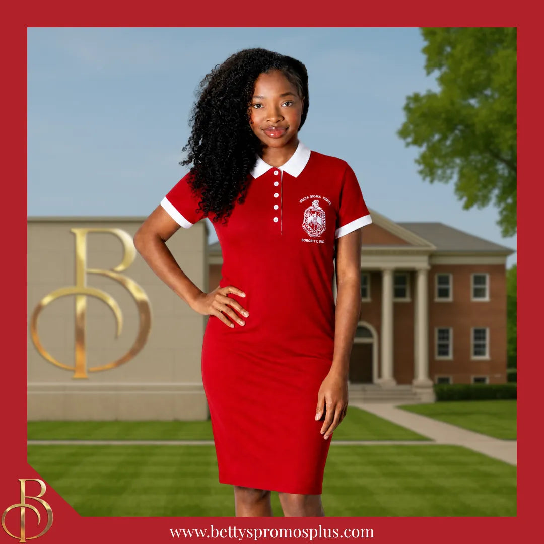 Delta Sigma Theta Shield Embroidered Polo Dress with Contrast Coll Betty's Promos Plus, LLC Delta Sigma Theta Shield Embroidered Polo Dress with Contrast Coll Betty's Promos Plus, LLC