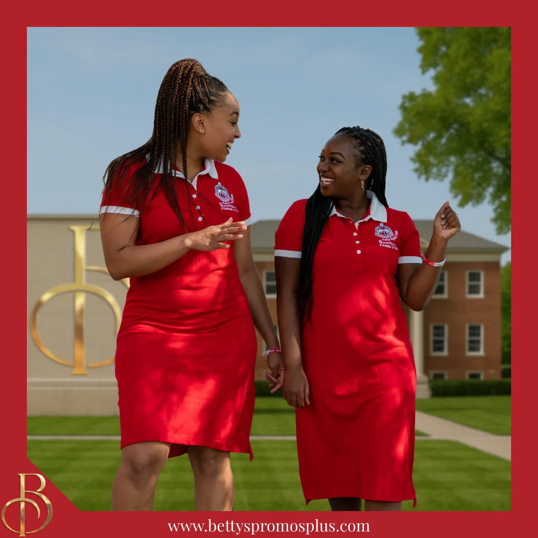 Delta Sigma Theta ΔΣΘ Shield Embroidered Polo Dress with Contrast Collar and Sleeves-Alpha Kappa Alpha Paraphernalia-Alpha Kappa Alpha Dress-Betty's Promos Plus