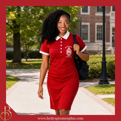 Delta Sigma Theta ΔΣΘ Shield Embroidered Polo Dress with Contrast Collar and Sleeves-Alpha Kappa Alpha Paraphernalia-Alpha Kappa Alpha Dress-Betty's Promos Plus