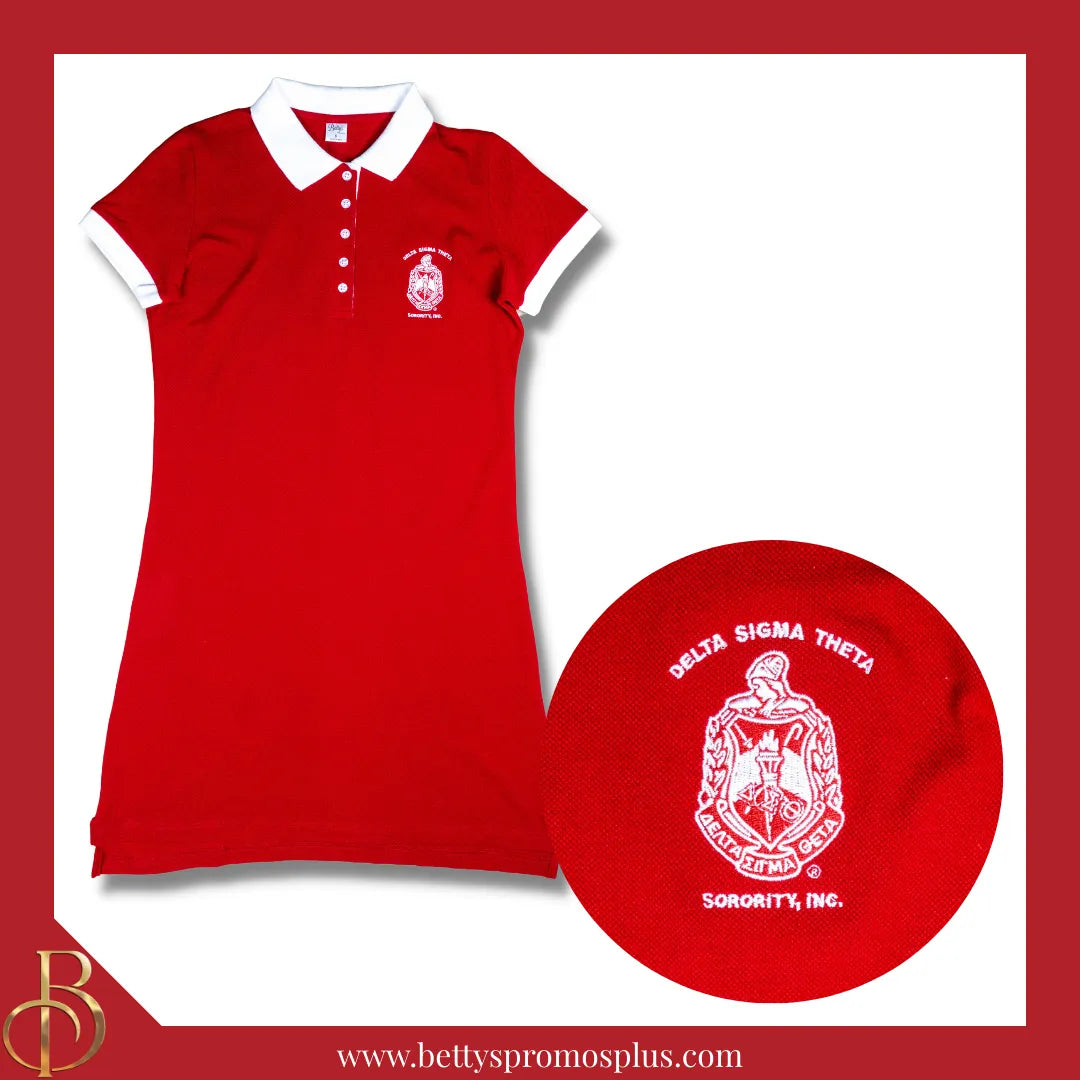 Delta Sigma Theta ΔΣΘ Shield Embroidered Polo Dress with Contrast Collar and Sleeves-Red-X-Small-Alpha Kappa Alpha Paraphernalia-Alpha Kappa Alpha Dress-Betty's Promos Plus