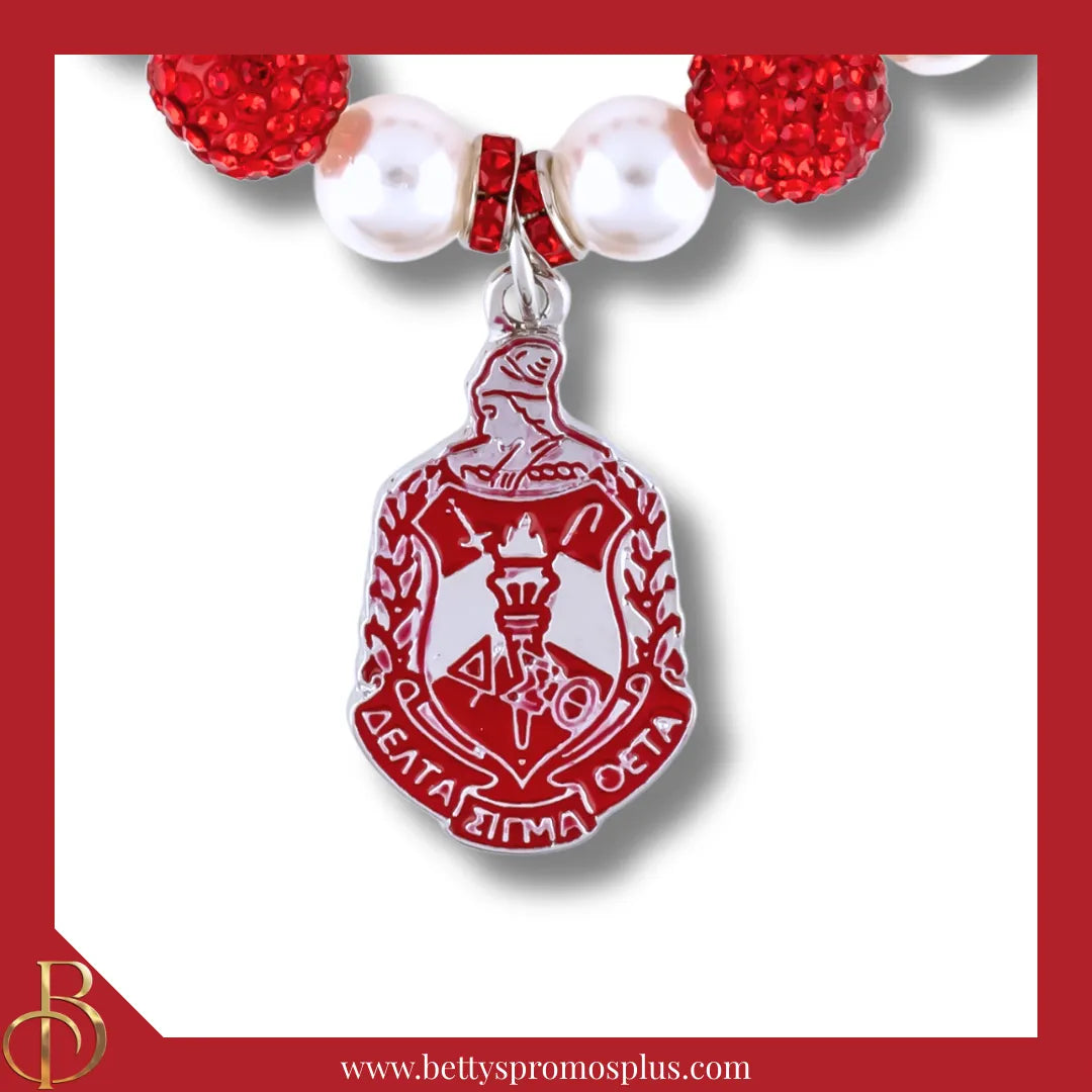 Delta Sigma Theta ΔΣΘ Shield Pearl Bracelet with Red Stones & Rhinestone Spacers-Delta Sigma Theta Paraphernalia-Delta Sigma Theta Bracelet-Betty's Promos Plus