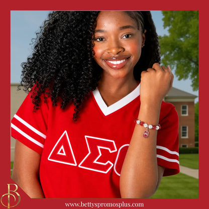 Delta Sigma Theta ΔΣΘ Shield Pearl Bracelet with Red Stones & Rhinestone Spacers-Delta Sigma Theta Paraphernalia-Delta Sigma Theta Bracelet-Betty's Promos Plus