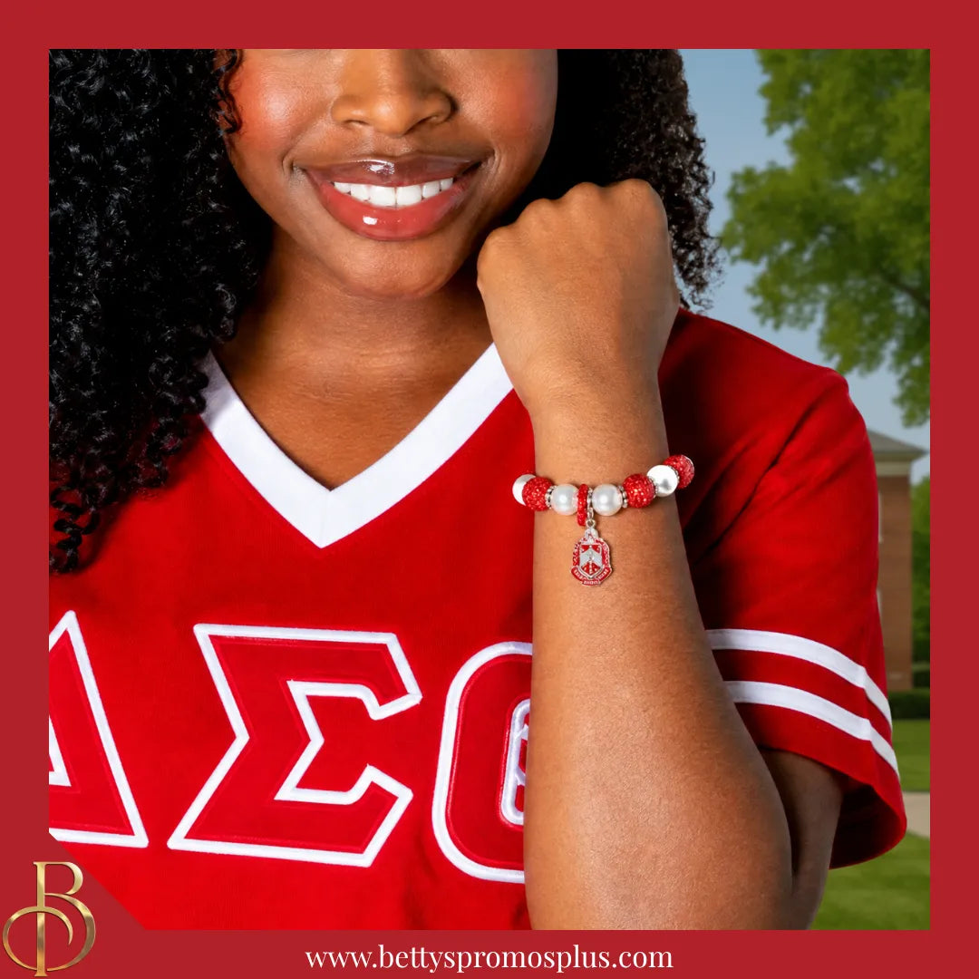 Delta Sigma Theta ΔΣΘ Shield Pearl Bracelet with Red Stones & Rhinestone Spacers-Delta Sigma Theta Paraphernalia-Delta Sigma Theta Bracelet-Betty's Promos Plus
