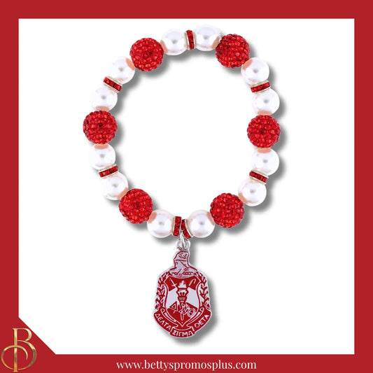 Delta Sigma Theta ΔΣΘ Shield Pearl Bracelet with Red Stones & Rhinestone Spacers-White-Delta Sigma Theta Paraphernalia-Delta Sigma Theta Bracelet-Betty's Promos Plus