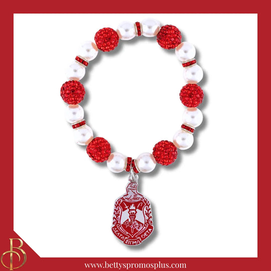 Delta Sigma Theta ΔΣΘ Shield Pearl Bracelet with Red Stones & Rhinestone Spacers-White-Delta Sigma Theta Paraphernalia-Delta Sigma Theta Bracelet-Betty's Promos Plus