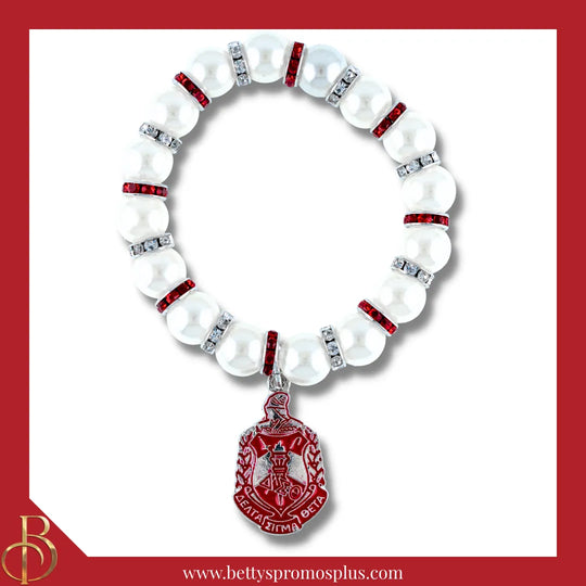 Delta Sigma Theta ΔΣΘ Shield Pearl Bracelet with Rhinestone Spacers-Delta Sigma Theta Paraphernalia-Delta Sigma Theta Bracelet-Betty's Promos Plus