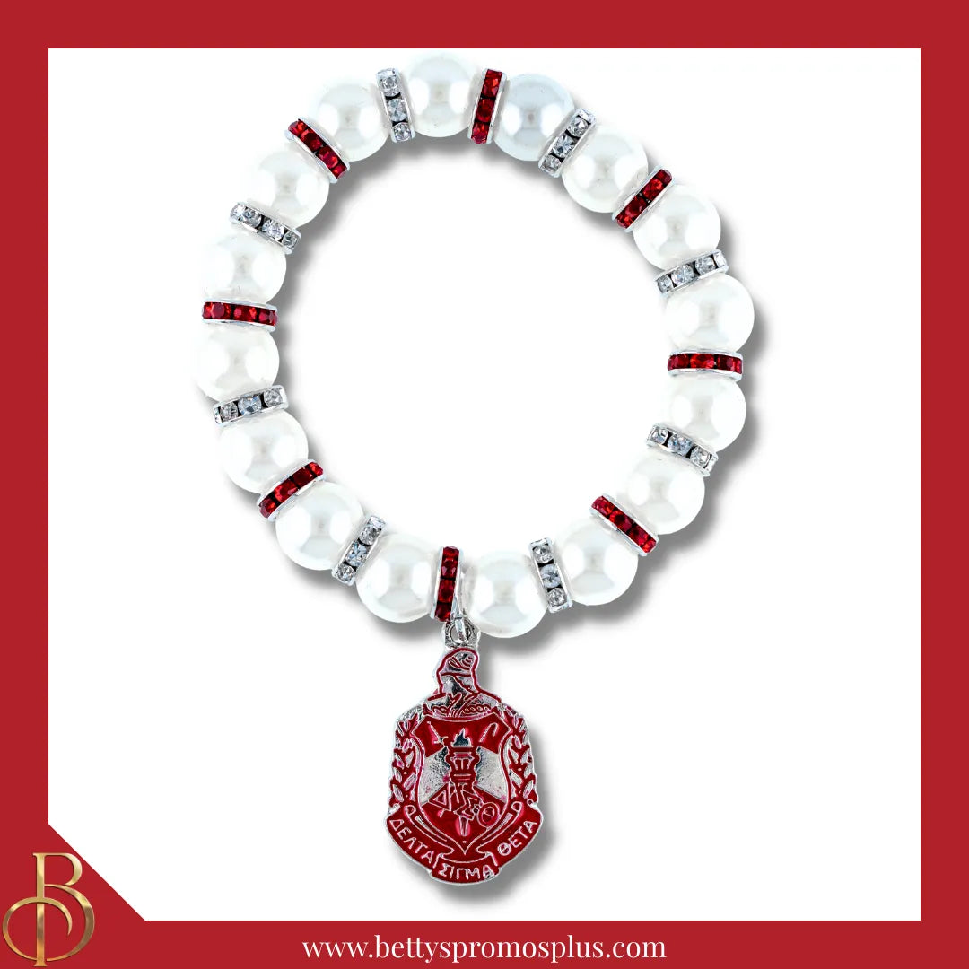 Delta Sigma Theta ΔΣΘ Shield Pearl Bracelet with Rhinestone Spacers-White-Delta Sigma Theta Paraphernalia-Delta Sigma Theta Bracelet-Betty's Promos Plus
