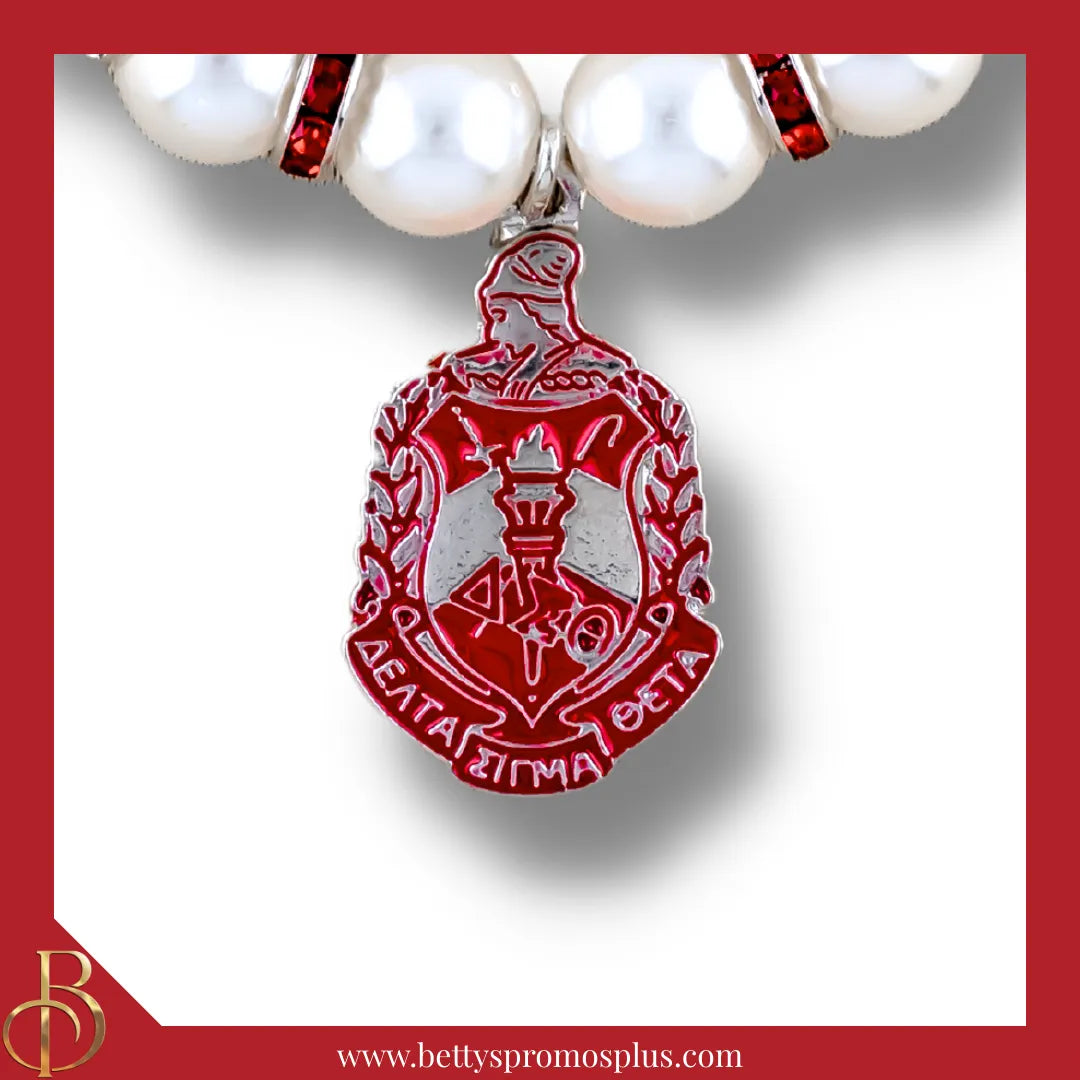 Delta Sigma Theta ΔΣΘ Shield Pearl Necklace with Rhinestone Spacers-Delta Sigma Theta Paraphernalia-Delta Sigma Theta Necklace-Betty's Promos Plus