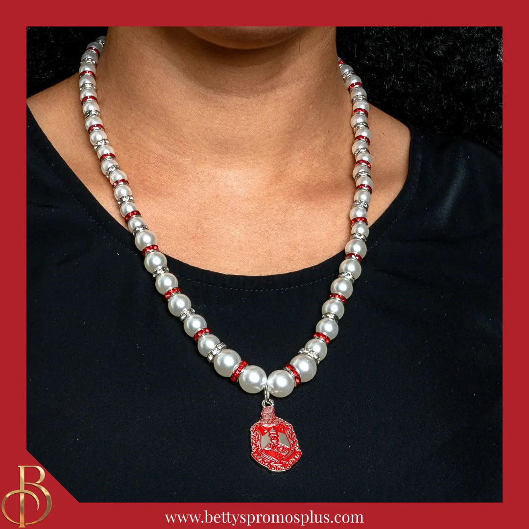 Delta Sigma Theta ΔΣΘ Shield Pearl Necklace with Rhinestone Spacers-Delta Sigma Theta Paraphernalia-Delta Sigma Theta Necklace-Betty's Promos Plus
