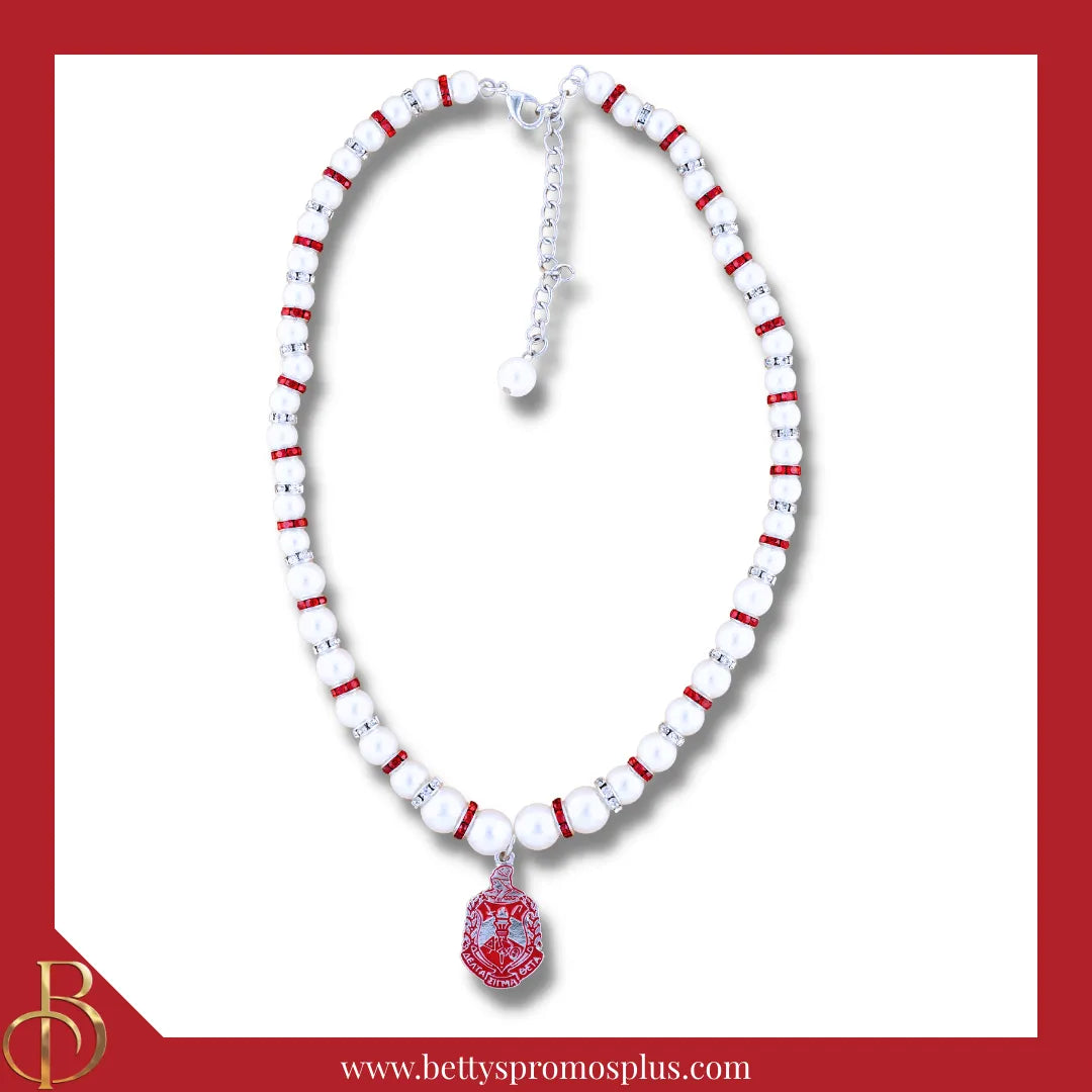 Delta Sigma Theta ΔΣΘ Shield Pearl Necklace with Rhinestone Spacers-White-Delta Sigma Theta Paraphernalia-Delta Sigma Theta Necklace-Betty's Promos Plus