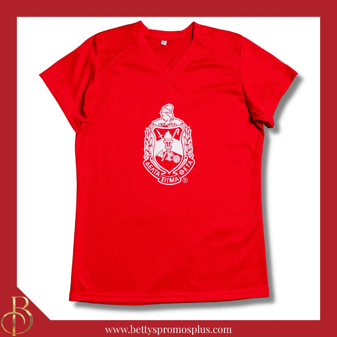 Delta Sigma Theta ΔΣΘ Shield Performance Moisture Wicking Screen Printed Workout T-Shirt-Red-Small-Delta Sigma Theta Paraphernalia-Delta Sigma Theta T-Shirts-Betty's Promos Plus