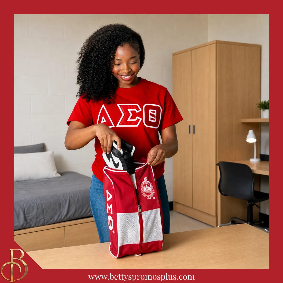 Delta Sigma Theta ΔΣΘ Shield Red & White Canvas Shoe Bag with Zippered Mesh-Delta Sigma Theta Paraphernalia-Delta Sigma Theta Shoe Bags-Betty's Promos Plus