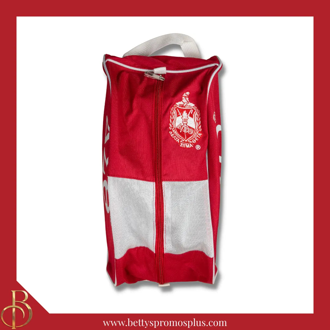 Delta Sigma Theta ΔΣΘ Shield Red & White Canvas Shoe Bag with Zippered Mesh-Delta Sigma Theta Paraphernalia-Delta Sigma Theta Shoe Bags-Betty's Promos Plus