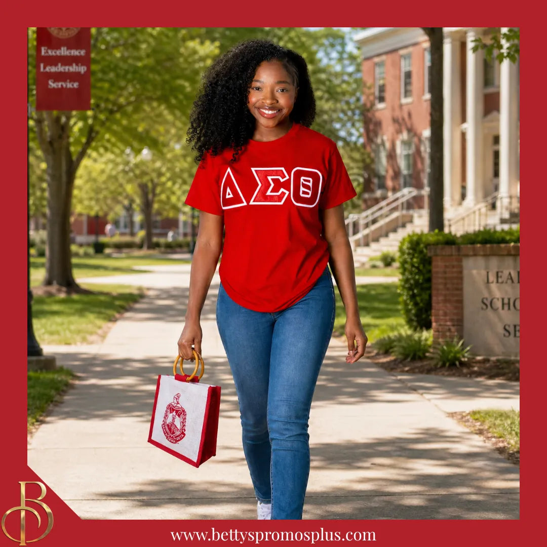 Delta Sigma Theta ΔΣΘ Shield Sorority Mini Jute Bag-Delta Sigma Theta Paraphernalia-Delta Sigma Theta Purses-Betty's Promos Plus