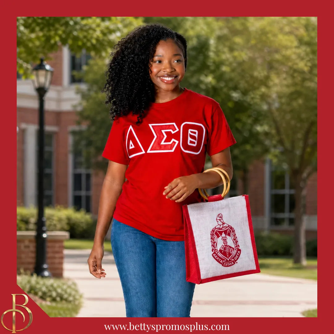 Delta Sigma Theta ΔΣΘ Shield Sorority Mini Jute Bag-Delta Sigma Theta Paraphernalia-Delta Sigma Theta Purses-Betty's Promos Plus
