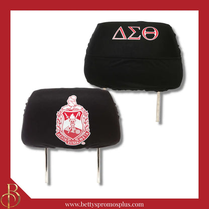 Delta Sigma Theta ΔΣΘ Shield with Greek Letters Car Seat Headrest Cover-Single Headrest-Black-Delta Sigma Theta Paraphernalia-Delta Sigma Theta Headrest Cover-Betty's Promos Plus
