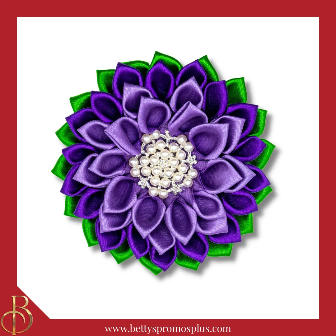 Delta Sigma Theta ΔΣΘ Silk Flower Brooch-Medium - 4.5"-Green/Purple Layered-Delta Sigma Theta Paraphernalia-Delta Sigma Theta Lapel Pin-Betty's Promos Plus