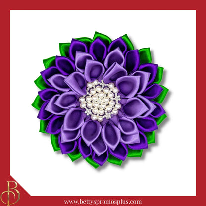 Delta Sigma Theta ΔΣΘ Silk Flower Brooch-Medium - 4.5"-Green/Purple Layered-Delta Sigma Theta Paraphernalia-Delta Sigma Theta Lapel Pin-Betty's Promos Plus