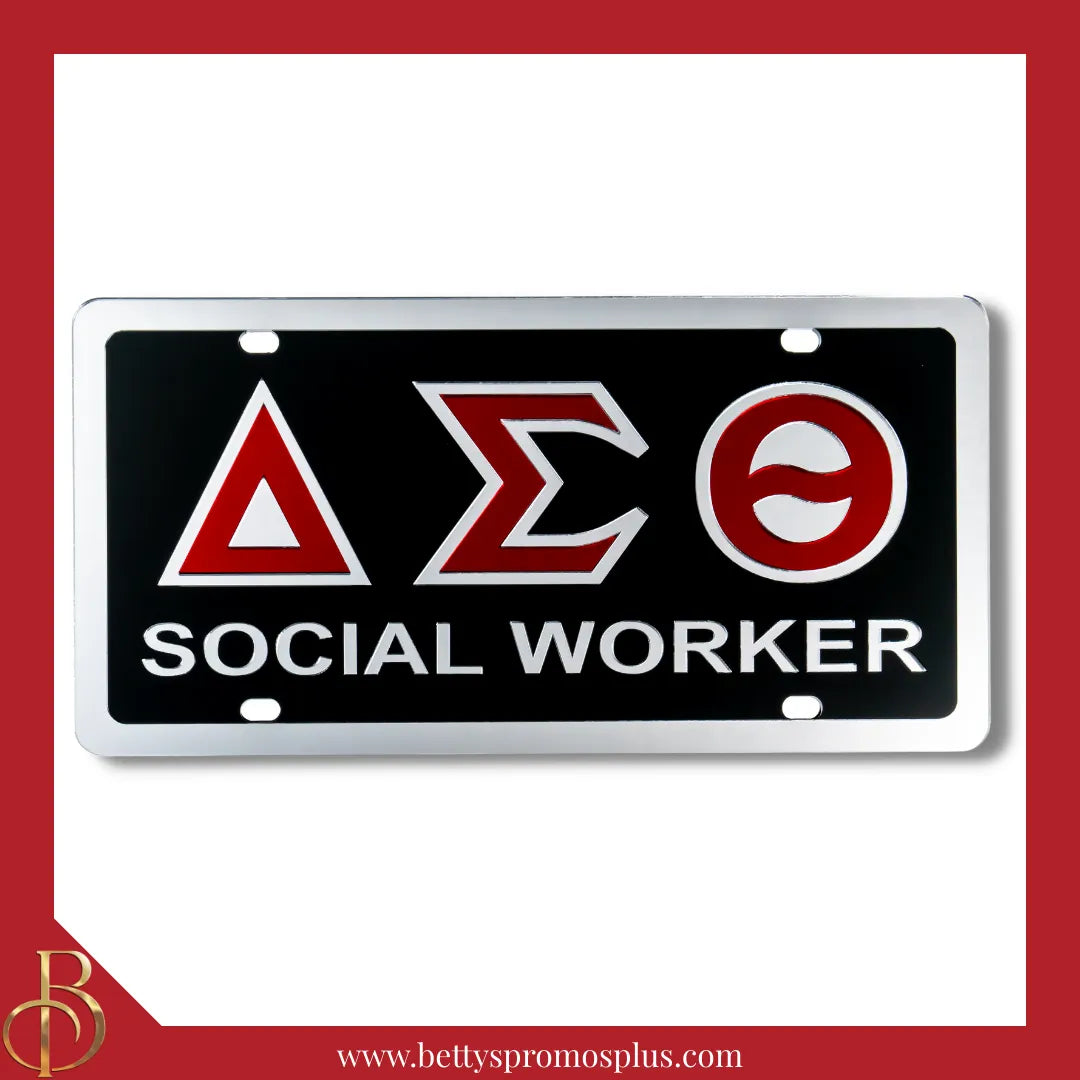 Delta Sigma Theta ΔΣΘ Social Worker Laser Engraved Mirrored Acrylic Auto Tag License Plate-Black Background-Silver Trim-Delta Sigma Theta Paraphernalia-Delta Sigma Theta Auto Tag-Betty's Promos Plus