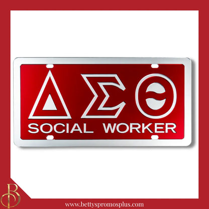 Delta Sigma Theta ΔΣΘ Social Worker Laser Engraved Mirrored Acrylic Auto Tag License Plate-Red Background-Silver Trim-Delta Sigma Theta Paraphernalia-Delta Sigma Theta Auto Tag-Betty's Promos Plus