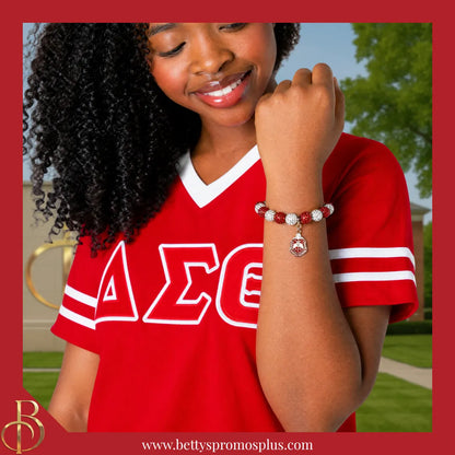 Delta Sigma Theta ΔΣΘ Stone Bead Bracelet with Shield-Delta Sigma Theta Paraphernalia-Delta Sigma Theta Bracelet-Betty's Promos Plus