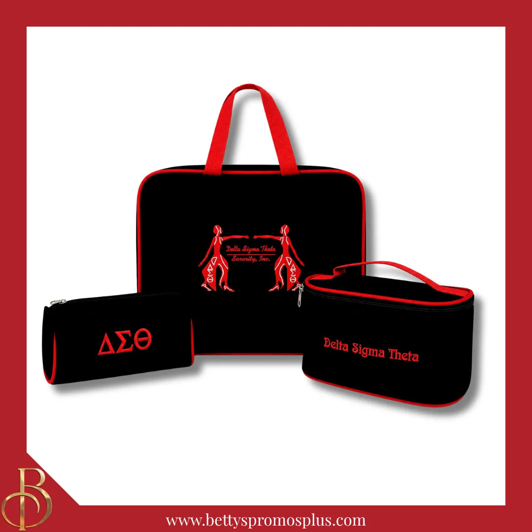 Delta Sigma Theta ΔΣΘ Toiletry Bag Set of 3 Makeup Travel Kit Bathroom and Luggage Organizer-Black-Delta Sigma Theta Paraphernalia-Delta Sigma Theta Cosmetic Case-Betty's Promos Plus