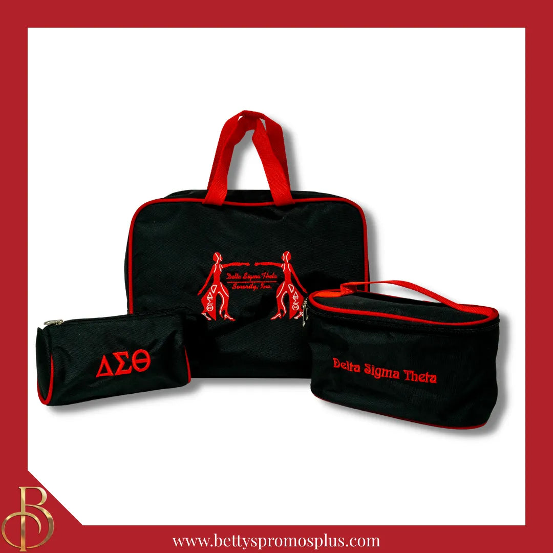 Delta Sigma Theta ΔΣΘ Toiletry Bag Set of 3 Makeup Travel Kit Bathroom and Luggage Organizer-Black-Delta Sigma Theta Paraphernalia-Delta Sigma Theta Cosmetic Case-Betty's Promos Plus