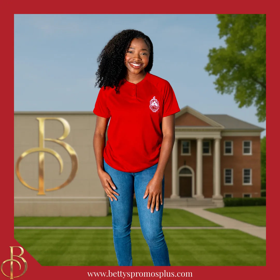 Delta Sigma Theta ΔΣΘ Two-Button Baseball Henley Shirt with Embroidered Shield-Delta Sigma Theta Paraphernalia-Delta Sigma Theta Jerseys-Betty's Promos Plus