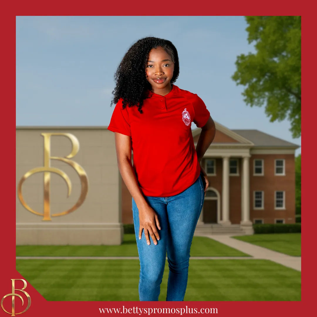 Delta Sigma Theta ΔΣΘ Two-Button Baseball Henley Shirt with Embroidered Shield-Delta Sigma Theta Paraphernalia-Delta Sigma Theta Jerseys-Betty's Promos Plus