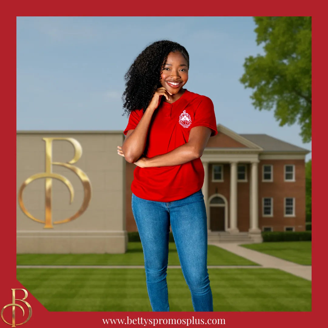 Delta Sigma Theta ΔΣΘ Two-Button Baseball Henley Shirt with Embroidered Shield-Delta Sigma Theta Paraphernalia-Delta Sigma Theta Jerseys-Betty's Promos Plus